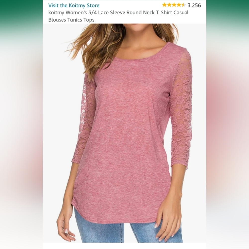 **NWT** Women's Heather Pink Shirt with Lace Sleeves- Size Large
